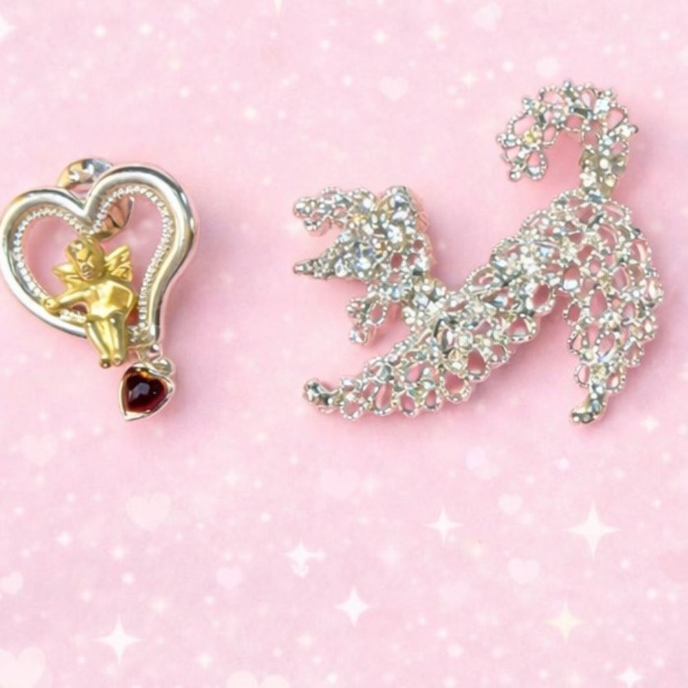 80 Vintage Figural Rhinestone Brooch Pair — Angel Heart & Poodle